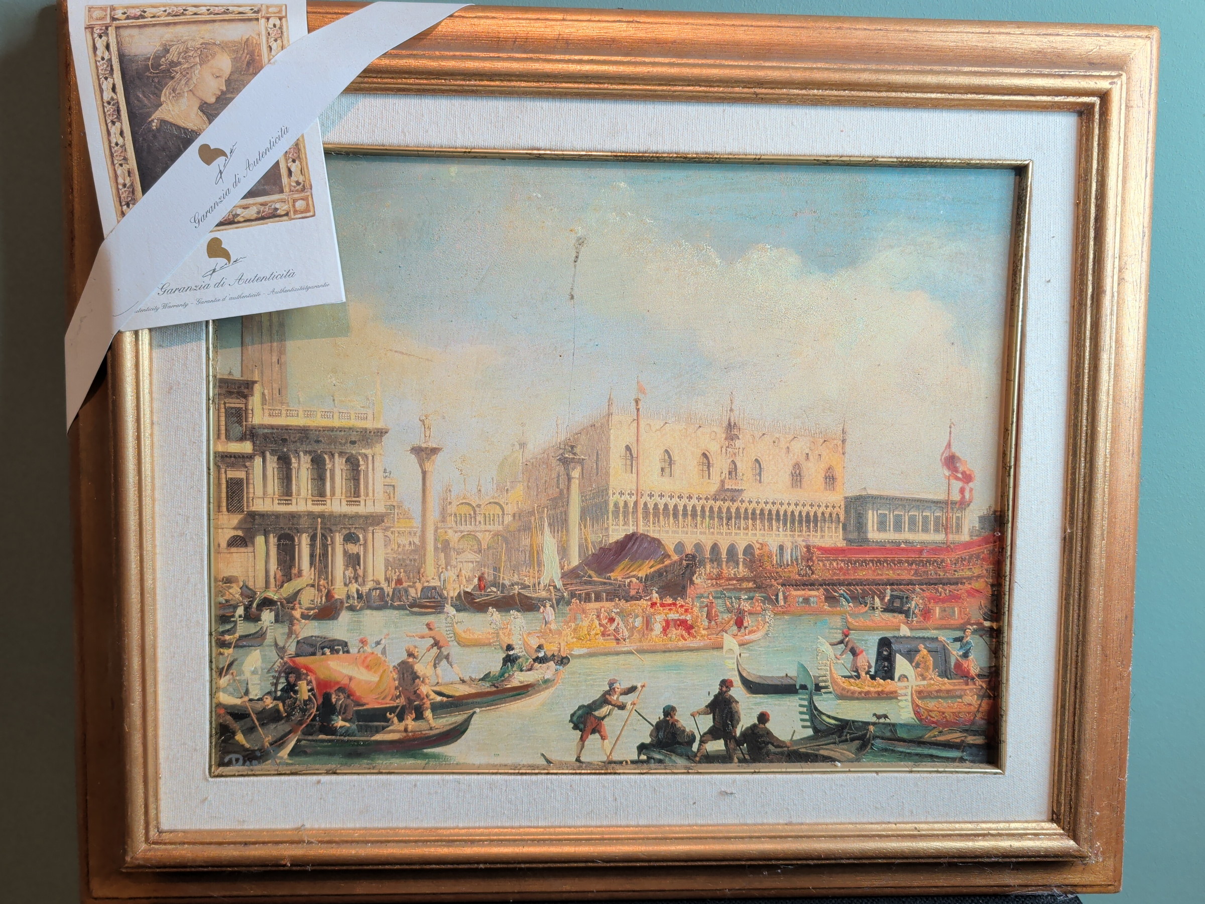 Rückkehr des Bucintoro zum Molo am Himmelfahrtstag (nach Canaletto) — gerahmte Farbreproduktion auf leinwandstrukturiertem Träger