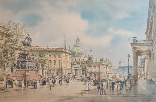 Das alte Berlin – Unter den Linden mit dem Reiterdenkmal Friedrichs des Großen, Blick zum Dom