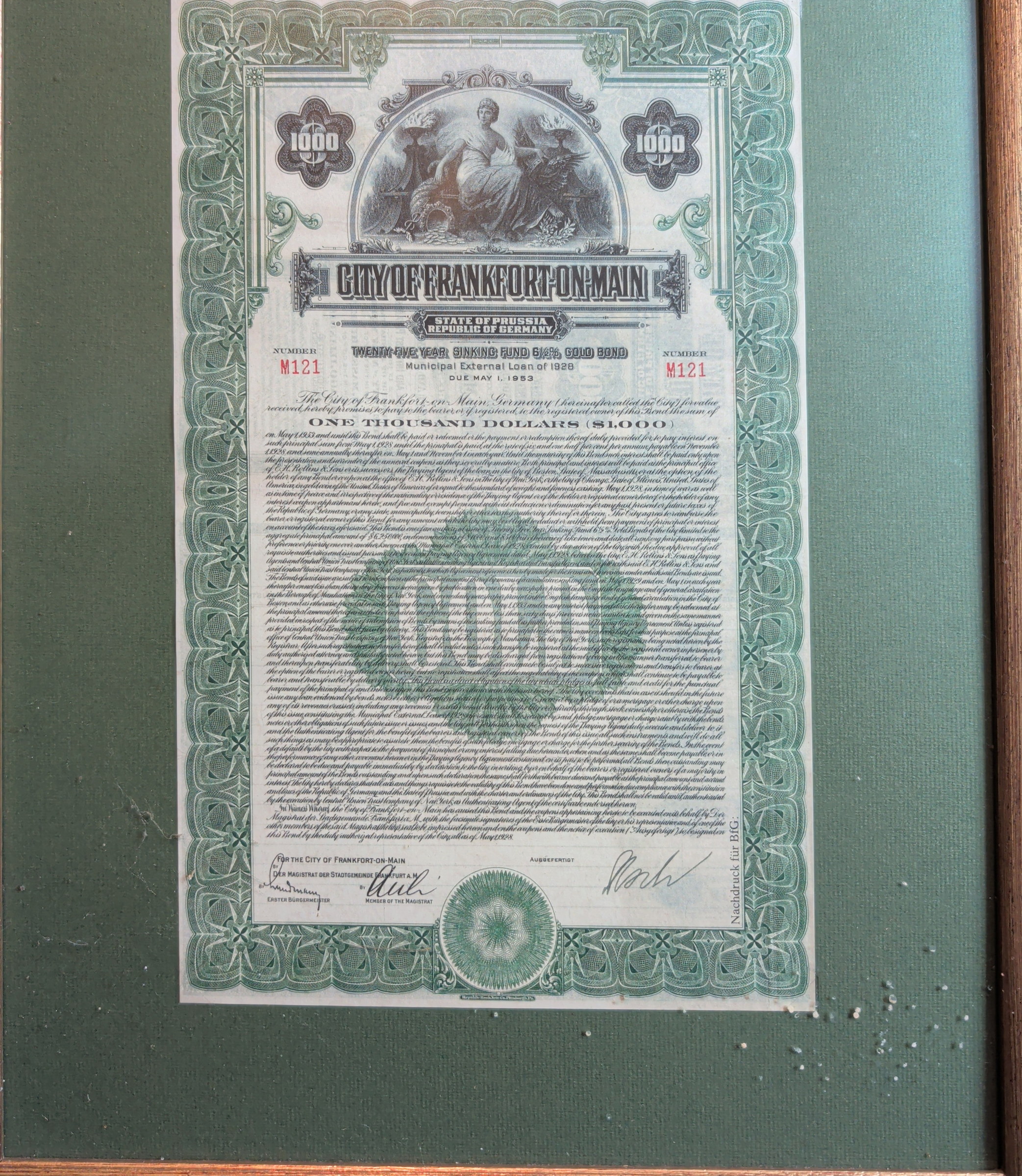 Republic Bank Note Co., Pittsburgh, Pa. (Druckerei; Stecher der Vignette nicht individualisierbar), Schuldverschreibung „City of Frankfort-on-Main, Twenty-Five Year Sinking Fund 6½ % Gold Bond, Municipal External Loan of 1928", 1.000 Dollar, Nr. M121 (Nachdruck)