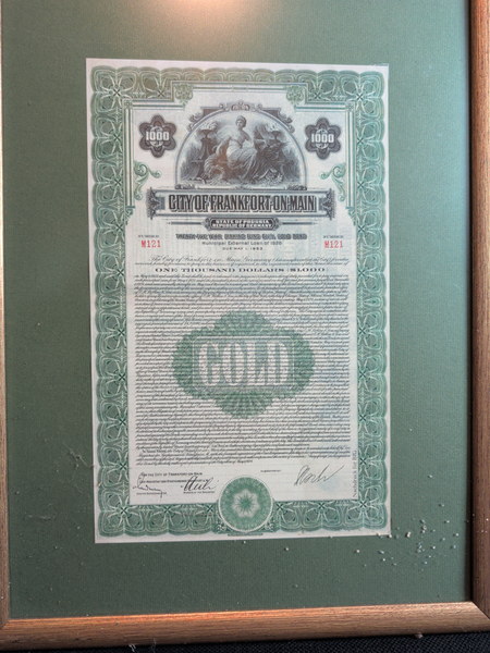Schuldverschreibung „City of Frankfort-on-Main, Twenty-Five Year Sinking Fund 6½ % Gold Bond, Municipal External Loan of 1928", 1.000 Dollar, Nr. M121 (Nachdruck)