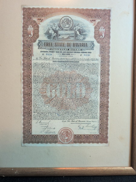 Freistaat Bayern – „Free State of Bavaria, External Twenty Year Six and One-Half Per Cent. Sinking Fund Gold Bond" über 1.000 Dollar, Nr. M5130 (Nachdruck für BfG)