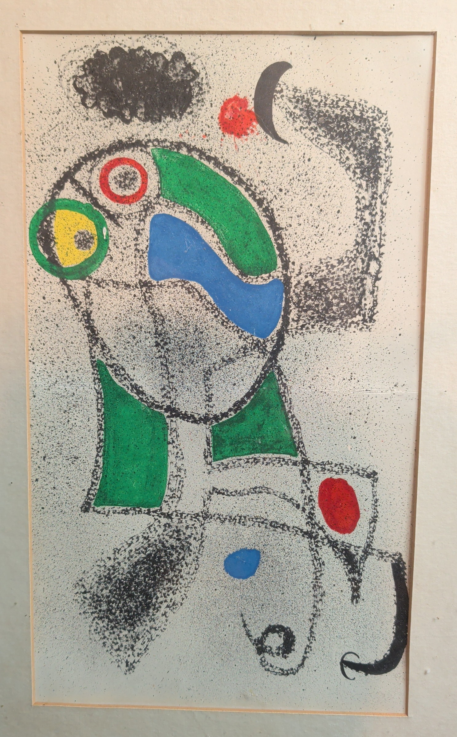 Joan Miró (zugeschrieben), Abstrakt-surreale Komposition mit Mondsichel, Kreisform und farbigen Feldern