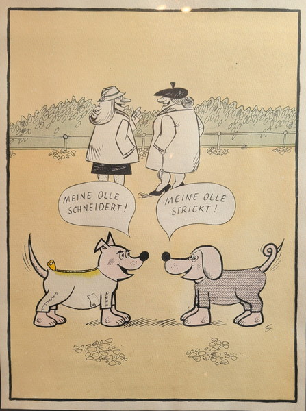 „Meine Olle schneidert! / Meine Olle strickt!" — zwei Hunde in Mantel und Strickpullover