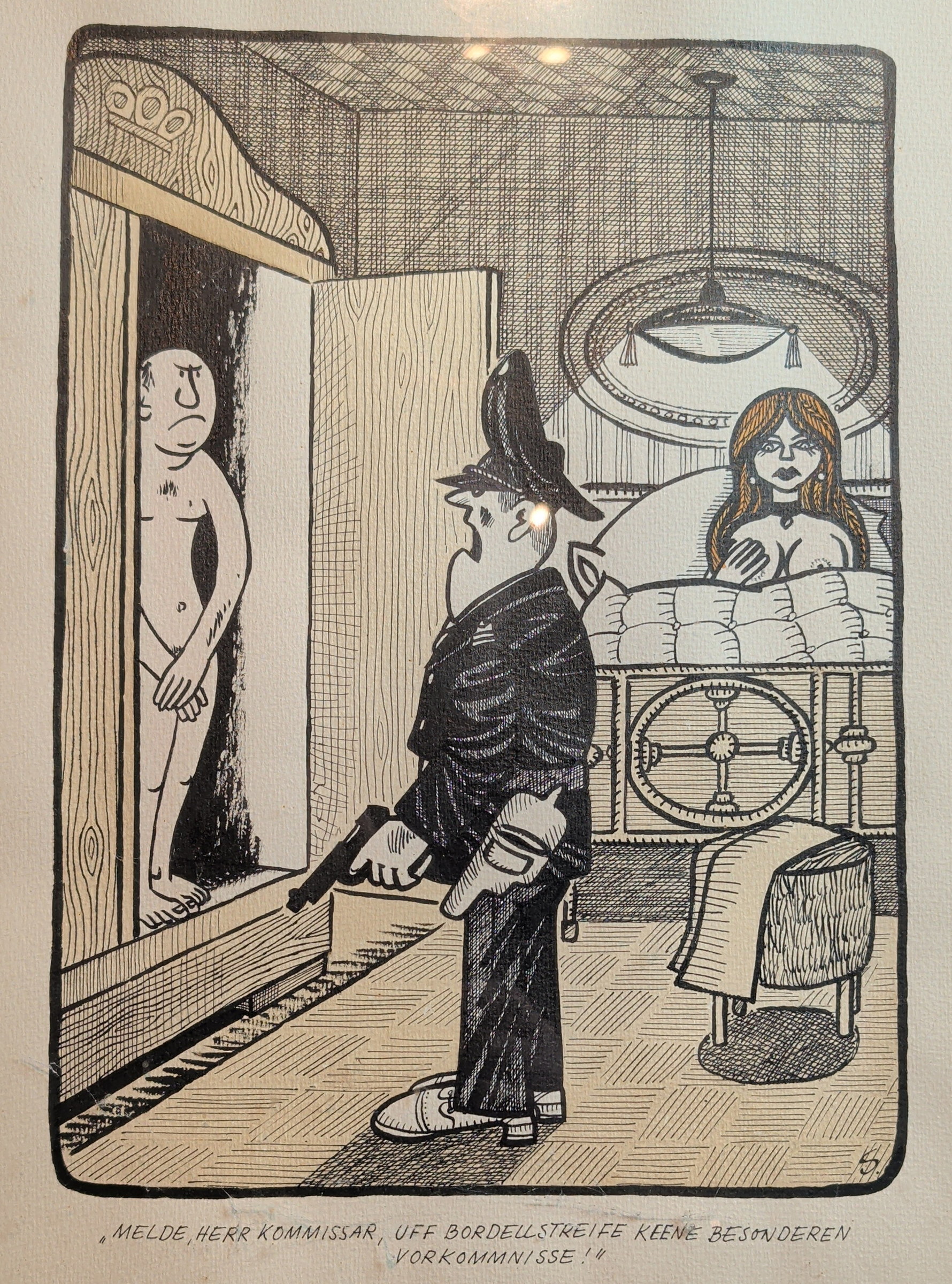 „Melde, Herr Kommissar, uff Bordellstreife keene besonderen Vorkommnisse!" — Karikatur mit Polizist im Bordellzimmer